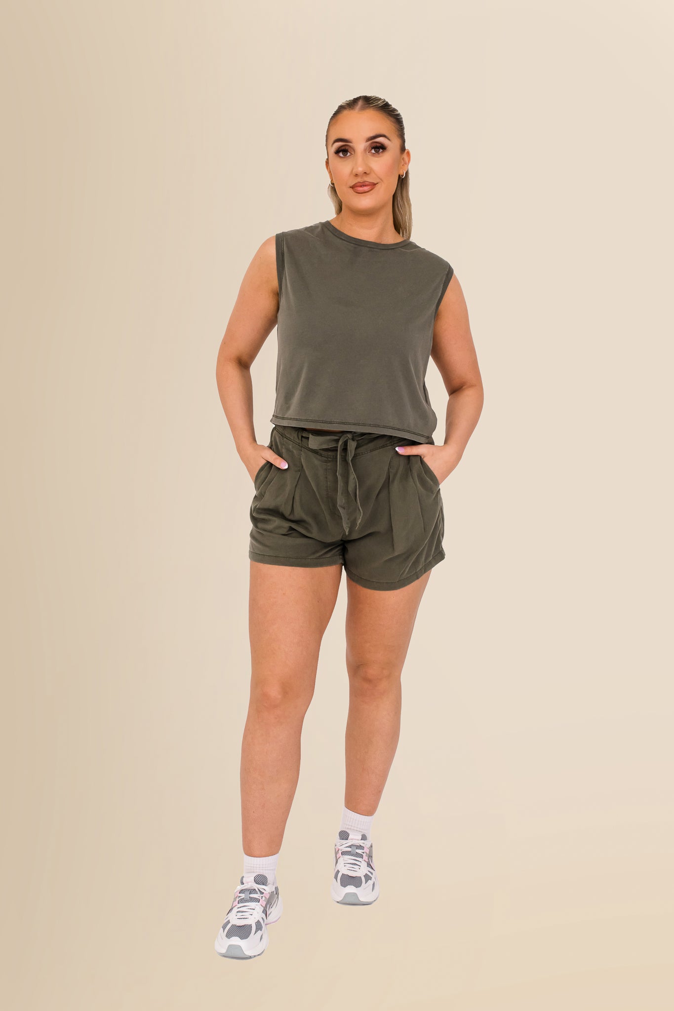 Women's Organic Sleeveless Crop Top – Relaxed Fit  - Washed Organic Khaki