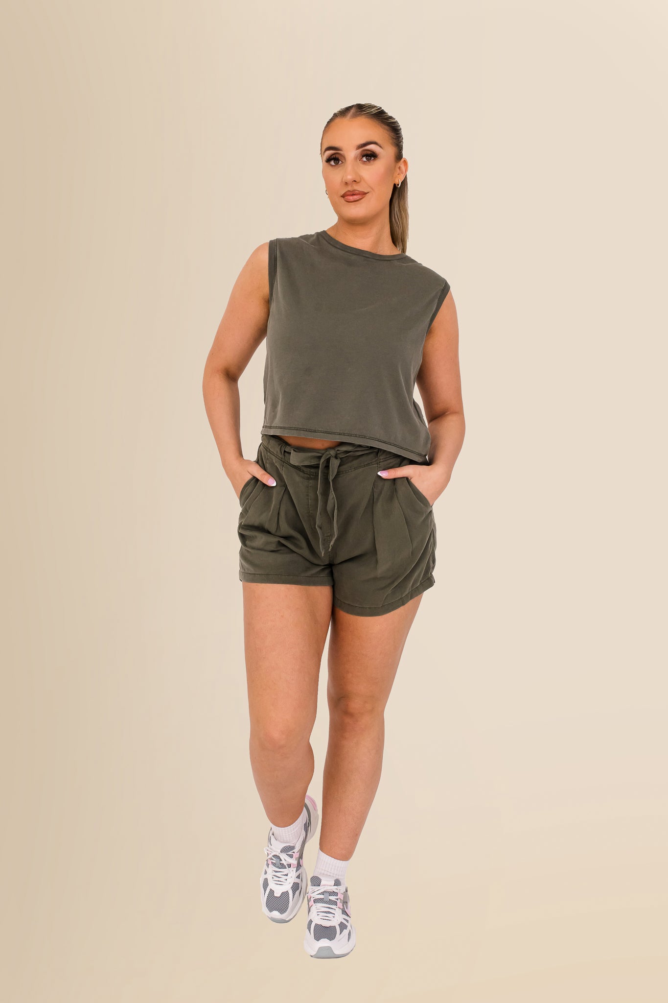 Women's Organic Sleeveless Crop Top – Relaxed Fit  - Washed Organic Khaki