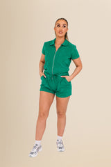 Women's Terry Towel Zipped Jumpsuit – Organic Cotton Blend - Malachite Green