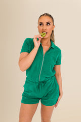 Women's Terry Towel Zipped Jumpsuit – Organic Cotton Blend - Malachite Green